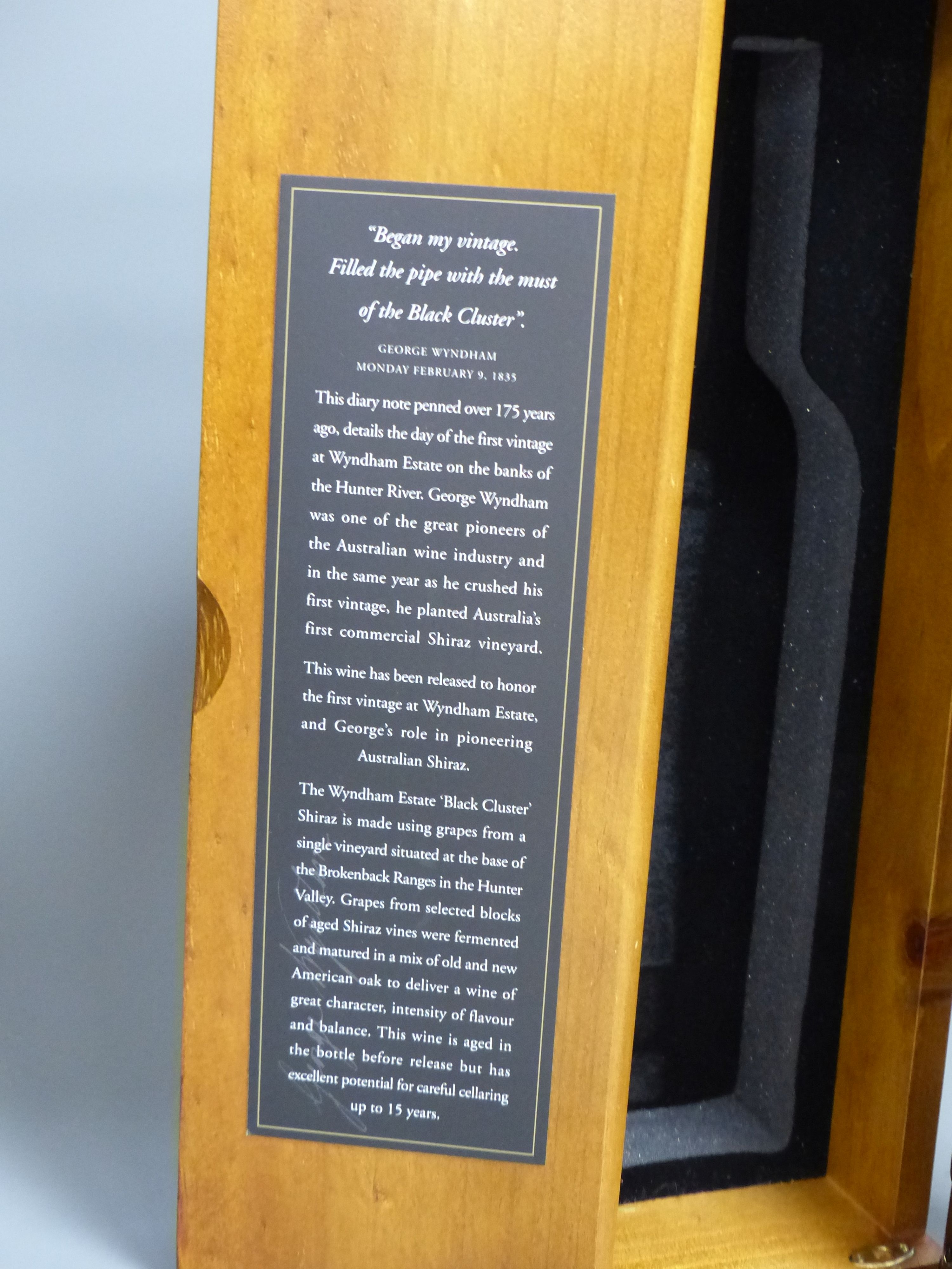 A cased bottle of Wyndham Estate Black Cluster Shiraz, 2007.